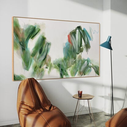 Subtle tones in green, olive, blue, white, grey, peach and pink combined with large expressive pencil and paint marks, across the canvas surface. 