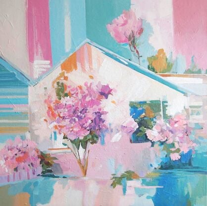 pastel house with blooming garden in pink and teal colours