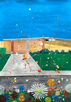 Blue sky above a house. Flowers and paint splatters. 