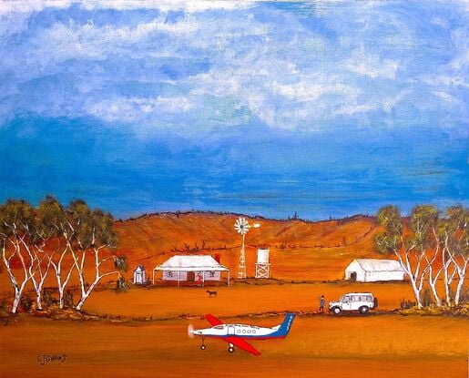 Royal Flying Doctor Service leaving A remote Australian homestead

#ejcairnsart #RFDS #australia #outback #royalflyingdoctorservice #windmill #plane #hometead #dog