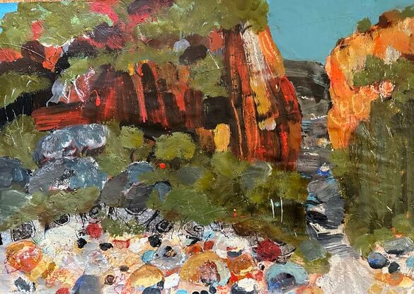 An abstracted view of a scene including rocks in a  dry creek bed, trees, rock faces and sky