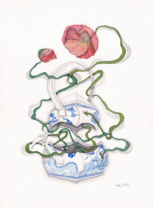 A medium-sized artwork of a Qing Dynasty-style teapot, split in half with cracks. Vibrant poppies grow through the fractures, intertwining with the broken ceramic, symbolizing transformation and beauty in imperfection.