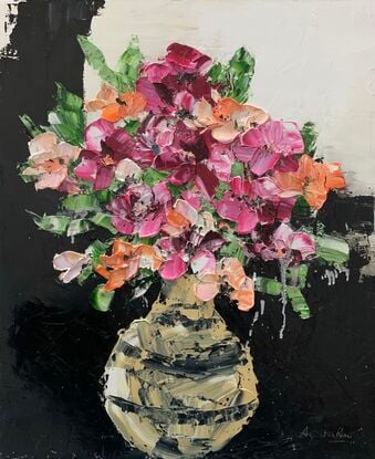 The heavy textured abstract still life portrays a striking contrast of a light brown vase with black stripes against a backdrop of black stripes. The vibrant mix of pink, orange, and white flowers adds a burst of color to the composition. The artist skillfully applied off-white sprays using a palette knife, creating a buttery oil paint effect that adds depth and dimension to the artwork. The combination of textures and bold colors results in a visually captivating and unique piece of art.