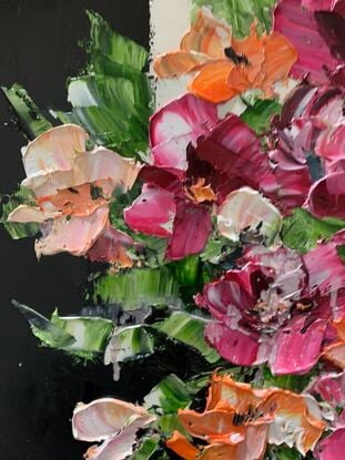 The heavy textured abstract still life portrays a striking contrast of a light brown vase with black stripes against a backdrop of black stripes. The vibrant mix of pink, orange, and white flowers adds a burst of color to the composition. The artist skillfully applied off-white sprays using a palette knife, creating a buttery oil paint effect that adds depth and dimension to the artwork. The combination of textures and bold colors results in a visually captivating and unique piece of art.