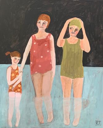 The painting depicts two women and a girl in swimmers. They are standing in the ocean. The background is blue and black. 