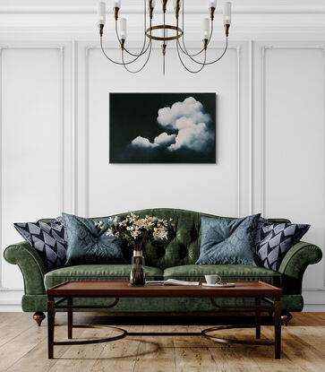 A Deep dark blue canvas with ethereal highlighted clouds ; Lucinda Leveille; original art; framed