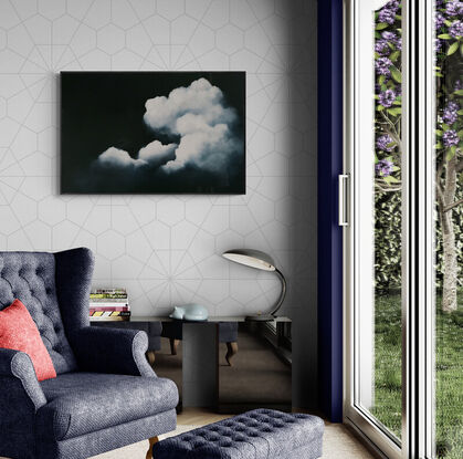 A Deep dark blue canvas with ethereal highlighted clouds ; Lucinda Leveille; original art; framed