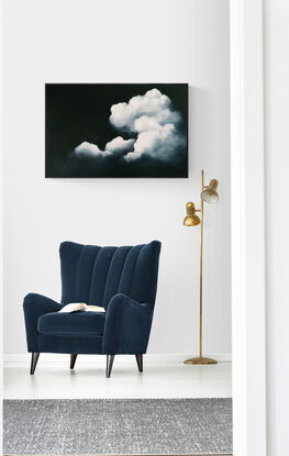 A Deep dark blue canvas with ethereal highlighted clouds ; Lucinda Leveille; original art; framed