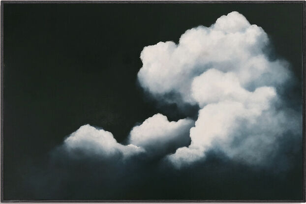 A Deep dark blue canvas with ethereal highlighted clouds ; Lucinda Leveille; original art; framed