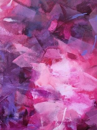 This listing is for a diptych. It's in various shades of pink, purple, and red.  It's an abstract, with patches of bright colours floating around the canvas