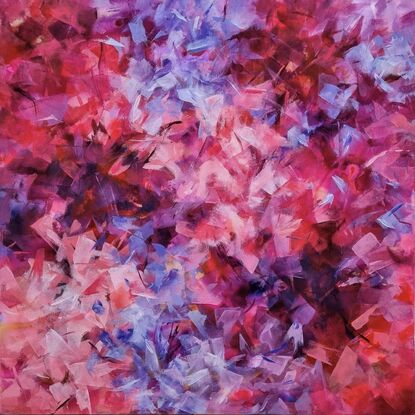 This listing is for a diptych. It's in various shades of pink, purple, and red.  It's an abstract, with patches of bright colours floating around the canvas