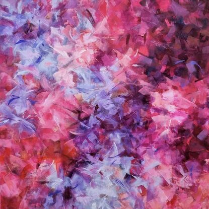 This listing is for a diptych. It's in various shades of pink, purple, and red.  It's an abstract, with patches of bright colours floating around the canvas