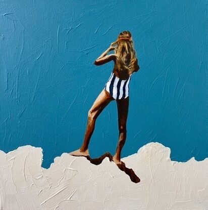 Tanned girl in blue and white striped bathers on white cliff with turquoise background 