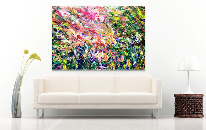 Images show the painting in different lounge rooms.