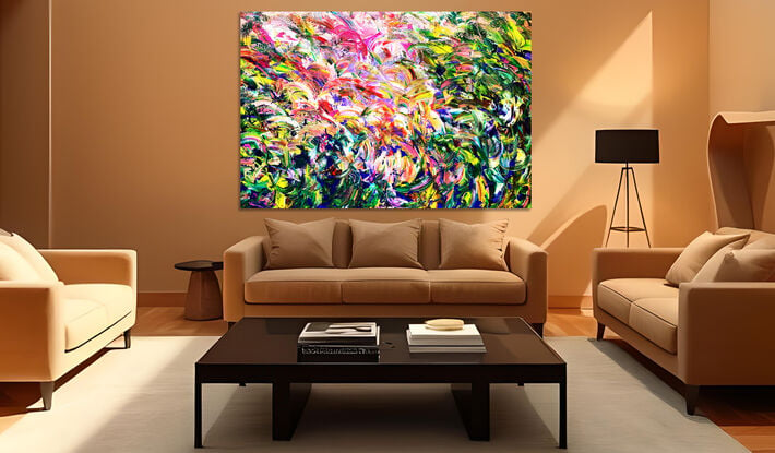 Images show the painting in different lounge rooms.