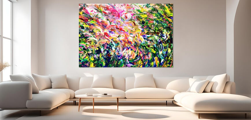 Images show the painting in different lounge rooms.