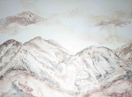 a soft landscape of mountains in beige, pink, mushroom and brown