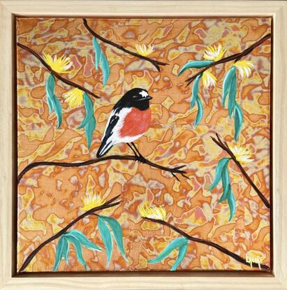 Acrylic and metal leaf on linen,framed, ready to hang.
Signed certificate of authenticity.
This Scarlet  Robin is an Australian native bird 
I chose to built this painting with a dream zen garden with metal leaf for the background.
Slightly varnished with a special leaf varnish.
This painting is framed with a natural wood and will be perfect in any little room. 
Each painting is provided with a certificate of authenticity. 
Wrapped securely with bubbles layers and thick cardboards.