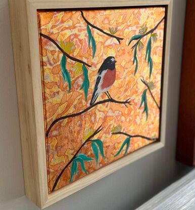 Acrylic and metal leaf on linen,framed, ready to hang.
Signed certificate of authenticity.
This Scarlet  Robin is an Australian native bird 
I chose to built this painting with a dream zen garden with metal leaf for the background.
Slightly varnished with a special leaf varnish.
This painting is framed with a natural wood and will be perfect in any little room. 
Each painting is provided with a certificate of authenticity. 
Wrapped securely with bubbles layers and thick cardboards.