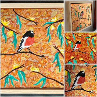 Acrylic and metal leaf on linen,framed, ready to hang.
Signed certificate of authenticity.
This Scarlet  Robin is an Australian native bird 
I chose to built this painting with a dream zen garden with metal leaf for the background.
Slightly varnished with a special leaf varnish.
This painting is framed with a natural wood and will be perfect in any little room. 
Each painting is provided with a certificate of authenticity. 
Wrapped securely with bubbles layers and thick cardboards.