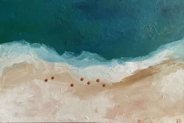 Summer is coming, dreaming of those beautiful white Sandy beaches and the green blue coastal waters. For fun I’ve painted in some orange umbrellas,( I  love orange and blue combination), to give some interest. I have used my pallet knife to create beautiful textures. These colours are Summer.