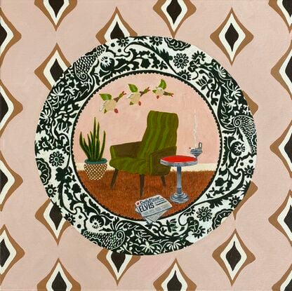 1970’s interior scene featuring a green armchair bordered by a round plate set on a patterned wallpaper background 