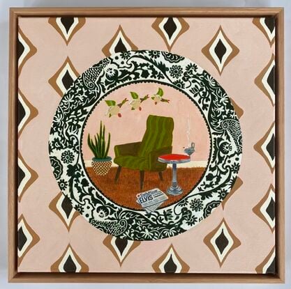 1970’s interior scene featuring a green armchair bordered by a round plate set on a patterned wallpaper background 