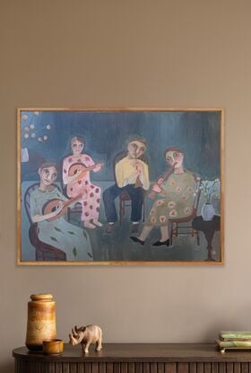 The painting depicts three women and men sitting on armchairs. The each have an instrument in their hands and are making music. 