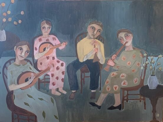 The painting depicts three women and men sitting on armchairs. The each have an instrument in their hands and are making music. 