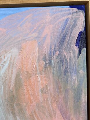 A mix of peach and light blue tones with the addition of pigment stick to create some texture. Framed in Flooded Gum.