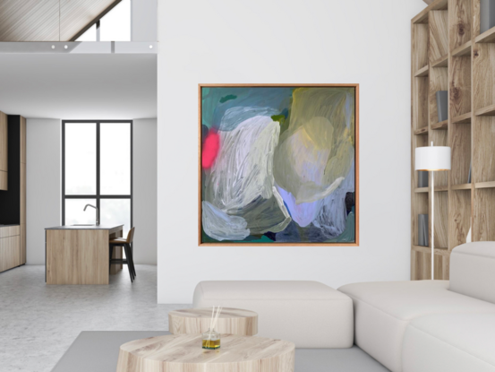 Each layer builds depth, inviting you to explore the interplay of color and texture. The use of pigment sticks and aeresol, made from vibrant materials, allow for expressive application, through bold strokes and layering. Framed in Flooded Gum.