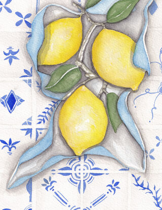 Lemons resting in a cloth waiting on a tiled table