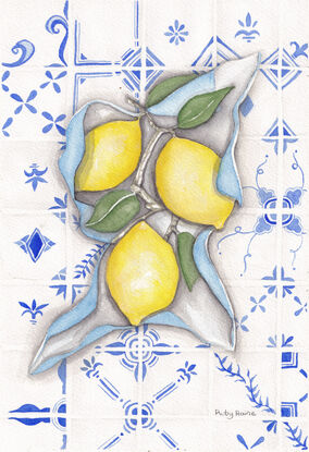 Lemons resting in a cloth waiting on a tiled table