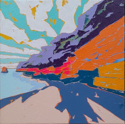 Colourful painting of cliffs at a beach in pop-art style