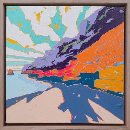 Colourful painting of cliffs at a beach in pop-art style