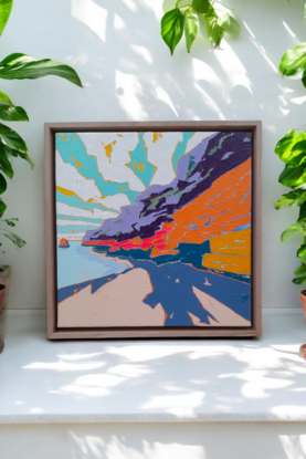 Colourful painting of cliffs at a beach in pop-art style