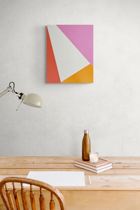 Bold triangles in orange, pink, white.