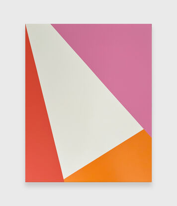 Bold triangles in orange, pink, white.