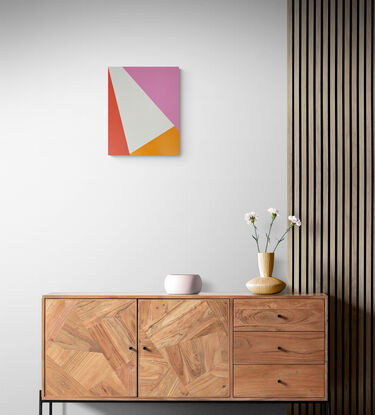 Bold triangles in orange, pink, white.