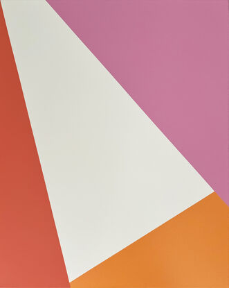 Bold triangles in orange, pink, white.