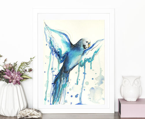 Watercolour blue budgie flying