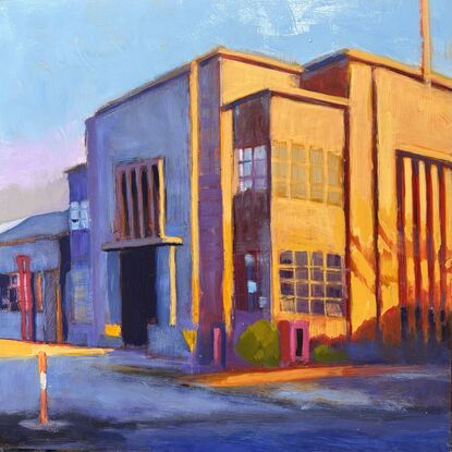 Oil painting of old art deco building - or what’s left of the former Rootes Group auto factory in Port Melbourne. The golden morning sun highlights the art deco style.