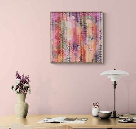 An impressionist landscape of colour, inspired by the prettiest cherry blossoms and flowers.  Mark making, in deep hues of apricot, coral, creams and lemons,  with pops of pink. The repetitive brush strokes create a veneer over the abstract landscape. Obscuring the original layers, creating a mesmerizing meditative work.