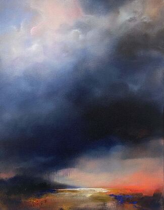 A dark and brooding storm cloud fills the canvas leaving a glimpse of a glowing setting sun over an abstract landscape.