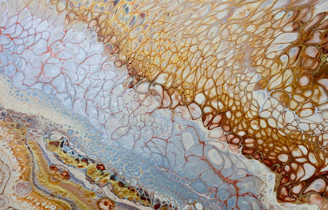 an acrylicpainting on canvas using special fluid pour techniques creating a magical flow of metallic copper gold and silver ...the metallics give the painting a three dimensional depth.  The chocolate, ochre  grey and peach colours allows the painting to look great in any room on almost any colour wall..  The painting changes with the level of light and also looks different depending on where you are standing.  When you stand close to the painting, you will keep discovering amazing nuances that create magical depth and motion.