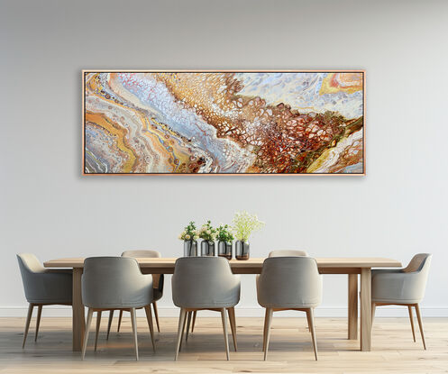 an acrylicpainting on canvas using special fluid pour techniques creating a magical flow of metallic copper gold and silver ...the metallics give the painting a three dimensional depth.  The chocolate, ochre  grey and peach colours allows the painting to look great in any room on almost any colour wall..  The painting changes with the level of light and also looks different depending on where you are standing.  When you stand close to the painting, you will keep discovering amazing nuances that create magical depth and motion.