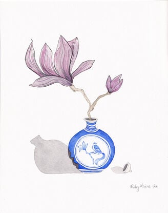 A watercolour painting of a small Chinese-style vase with a painted bird design, holding a single magnolia blossom with soft, unfolding petals. The composition is simple and serene, combining traditional elegance with natural beauty.