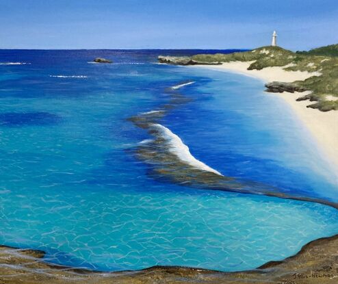 This artwork predominately reflects the blue and turquoise waters of Rottnest Island with Bathurst Lighthouse, rocks, sand and greenery in the background. The primary colours are turquoise, blue, yellow and brown and the ripples in the sand and water are light yellow and pale blue. 