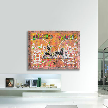 Hermes logo, positive phrases, orange and white, collage painting, handmade painting, ready to hang, framed artwork, luxury brands, comics, cartoons