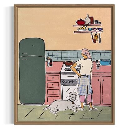 Simplify nostalgic kitchen with dog and fridge. 